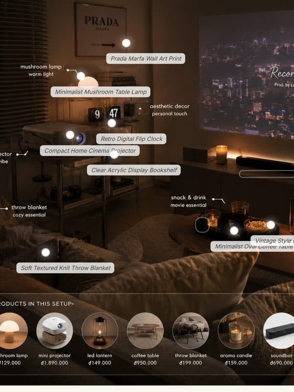 Movie-night room with labelled pieces
