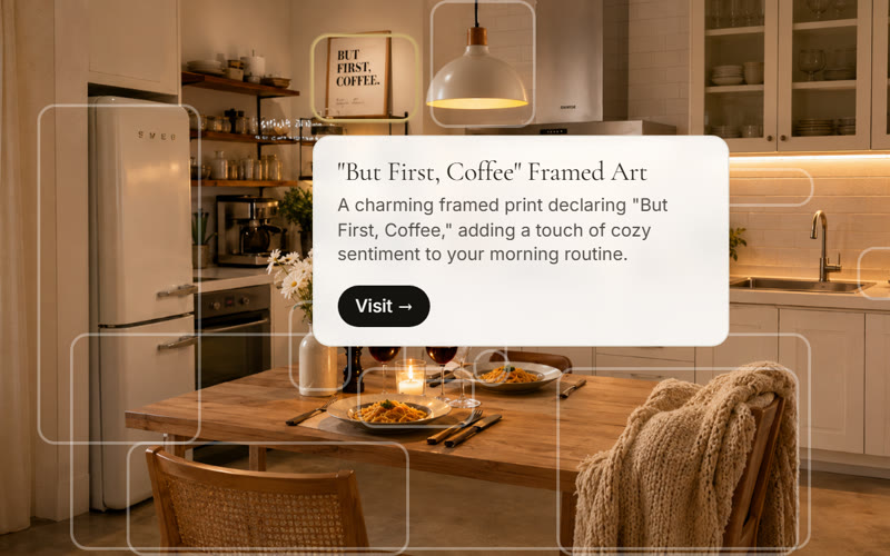 Animated kitchen showcase with a product label and its Visit link