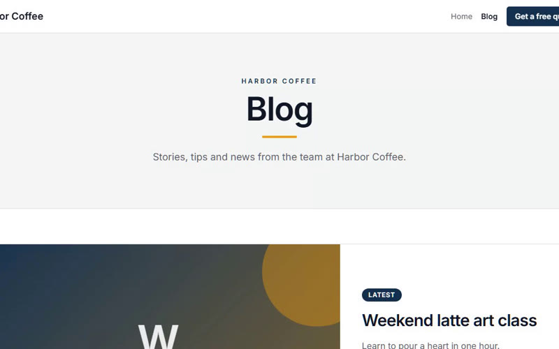A site blog page with the latest post featured