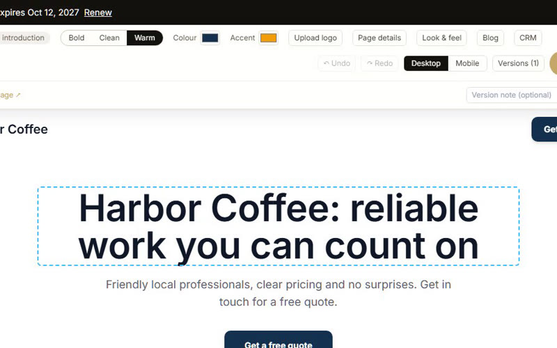Site editor with the headline selected for editing